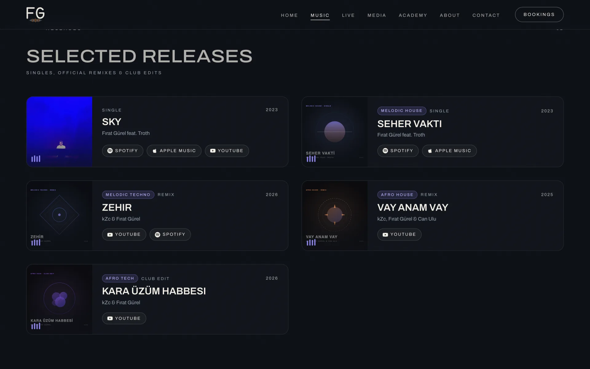 Fırat Gürel web sitesi müzik sayfasında yayın kartları ve platform bağlantıları