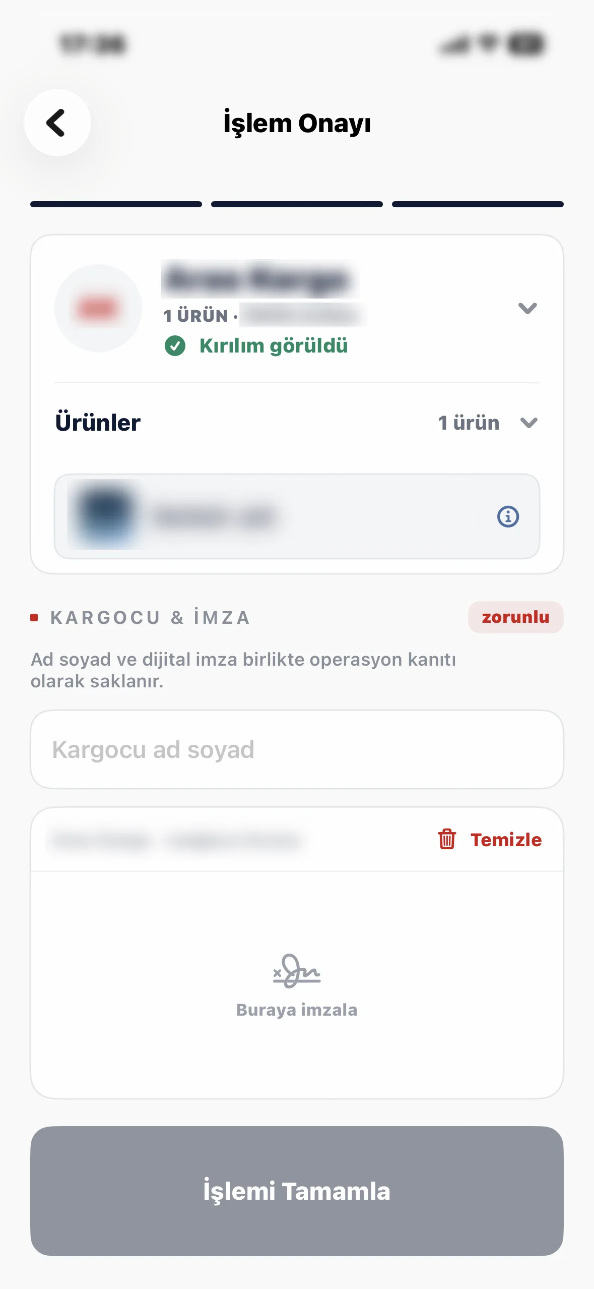 Mansa Lojistik saha mobil uygulamasında işlem onayı ve kargocu dijital imzası