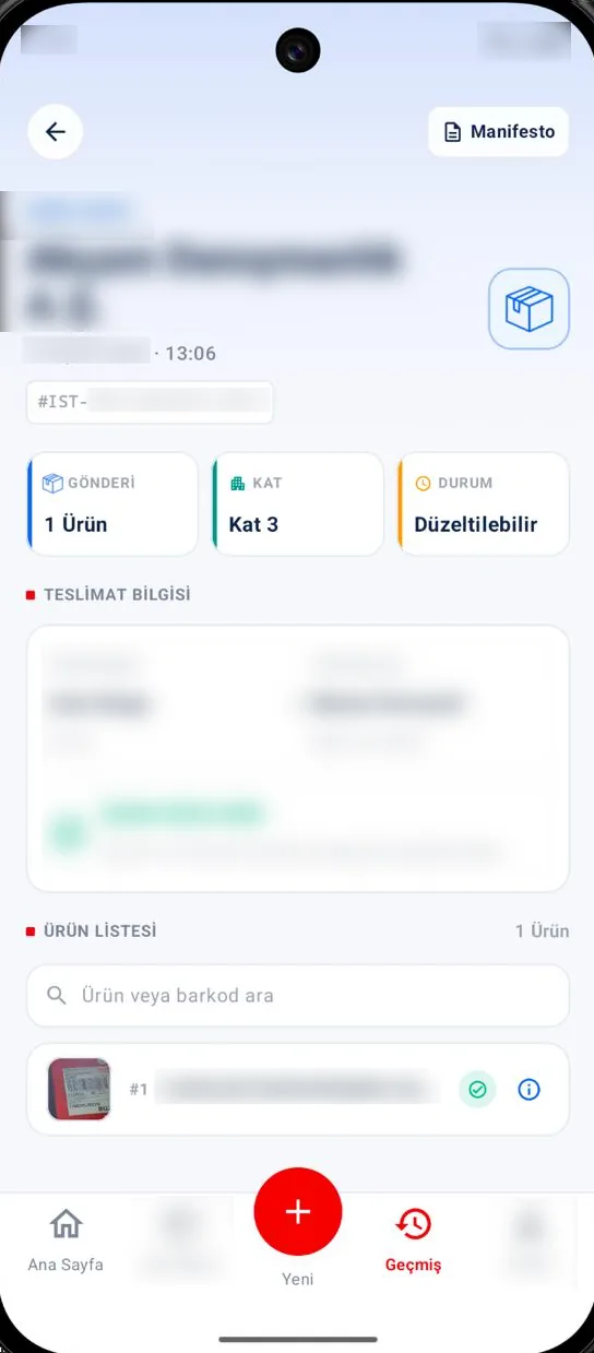 Mansa Lojistik saha mobil uygulamasında operasyon detayı ve ürün listesi