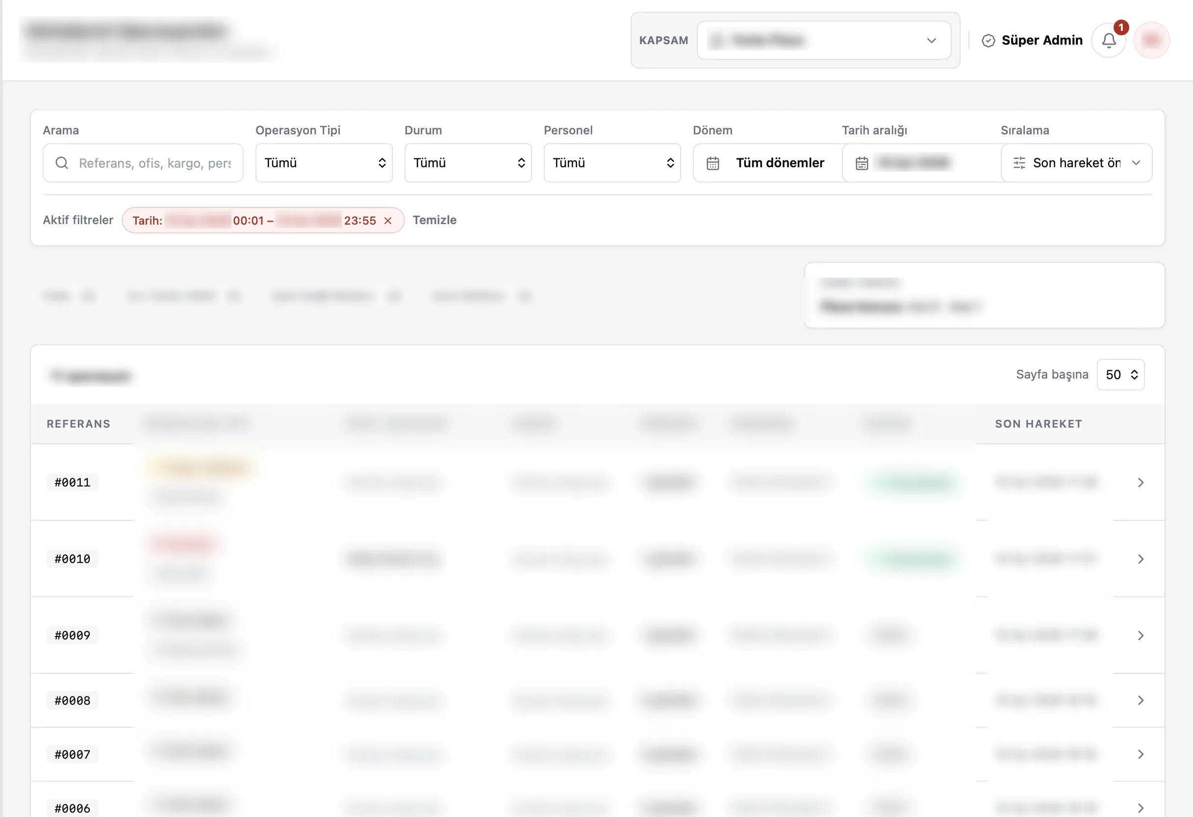Mansa Lojistik web panelinde operasyon kayıtları listesi ve filtreleme