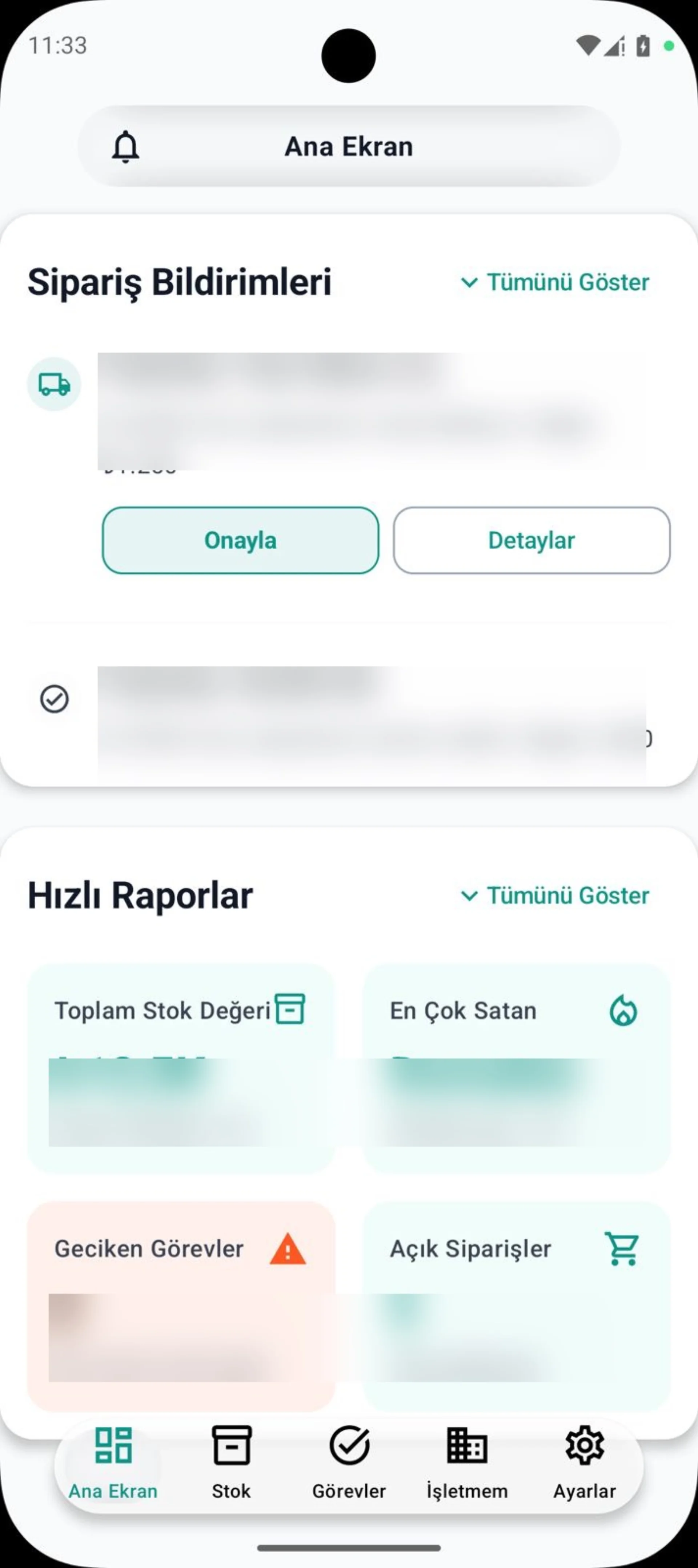 Stok ve İşletme Operasyon Platformu Saha Android Mobil Ana Ekran