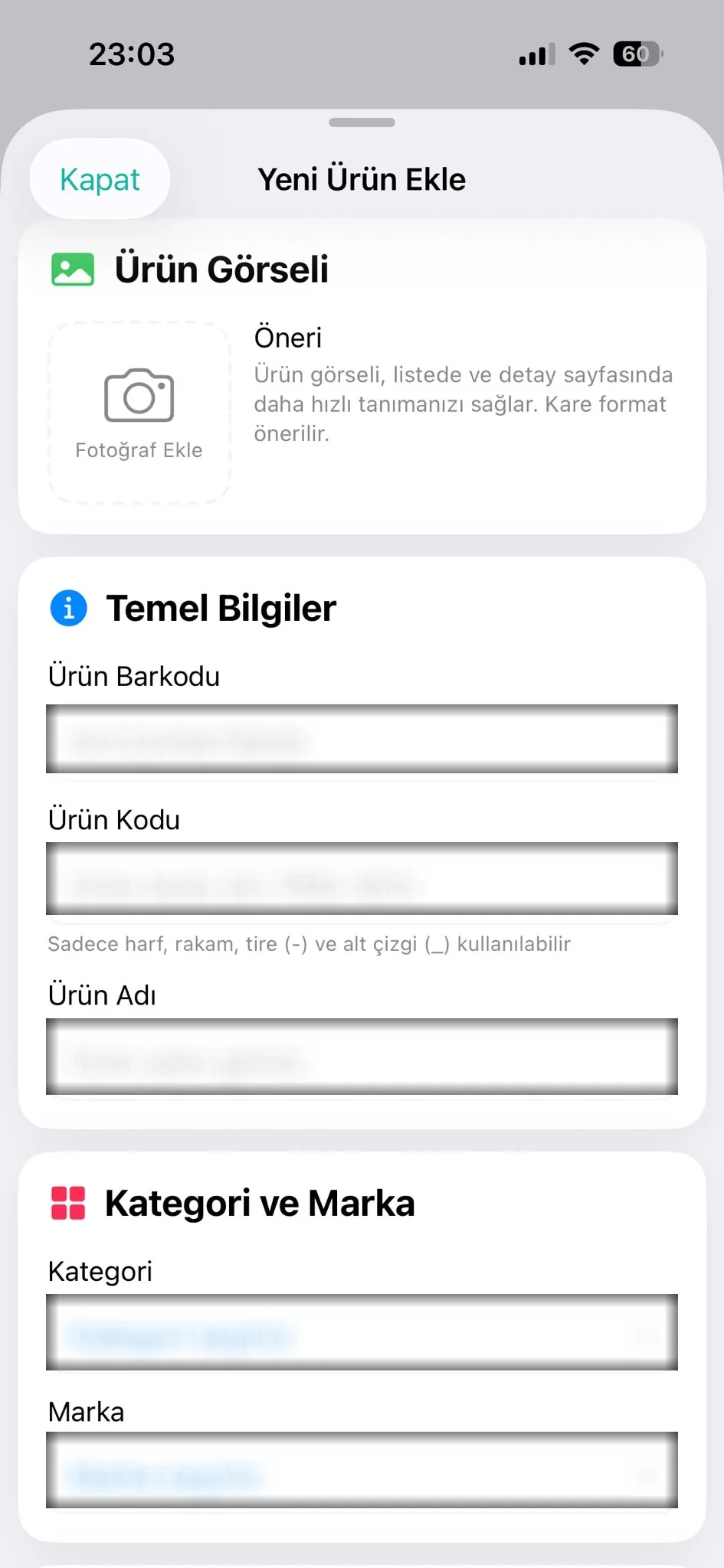 Mobil Yeni Ürün ve Barkod Ekleme Ekranı (iOS)