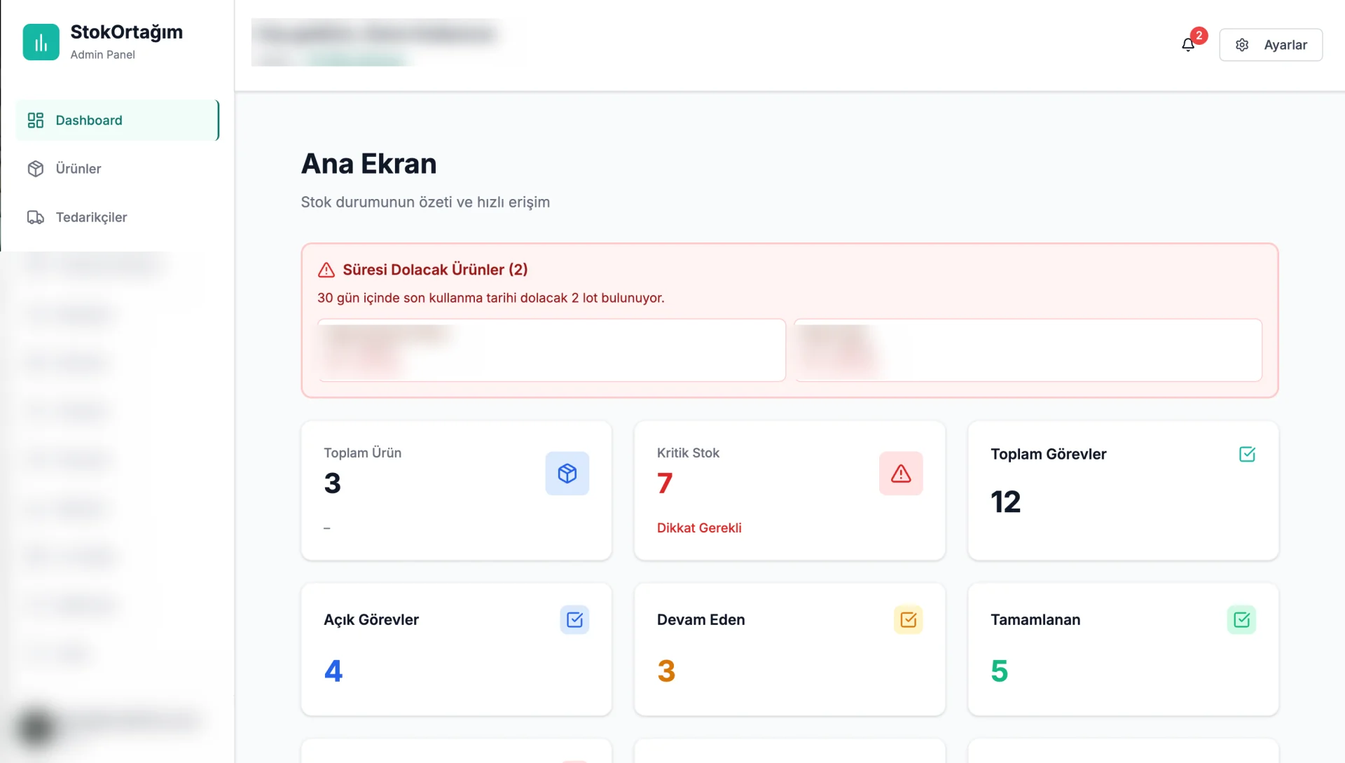 Stok ve İşletme Operasyon Platformu Web Dashboard