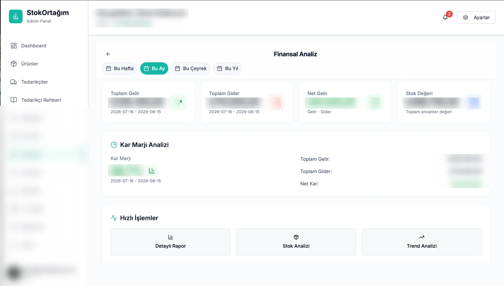 Stok ve İşletme Operasyon Platformu Web Finansal Analitik Paneli